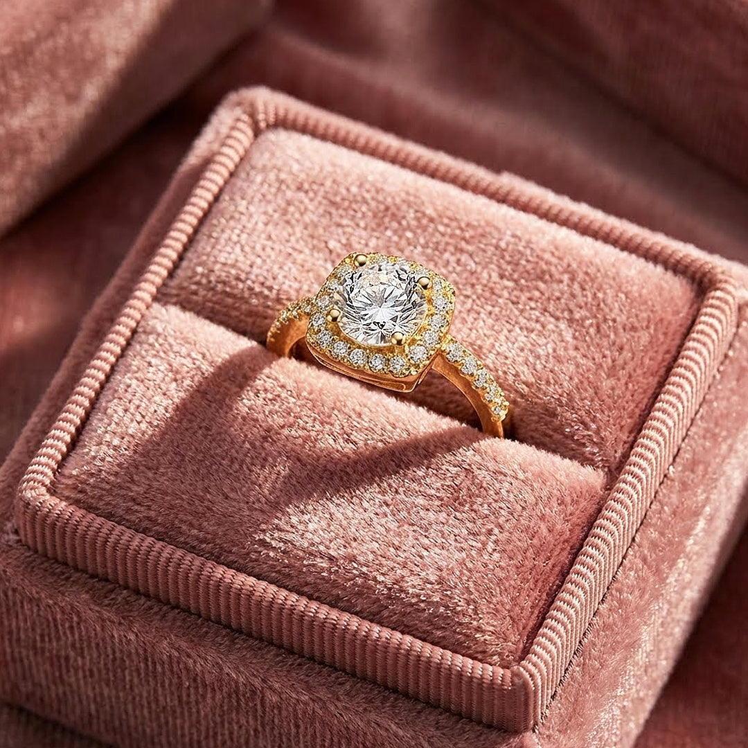 Cushion Halo Moissanite Gold Ring | 925 Sterling Silver | PRM7173