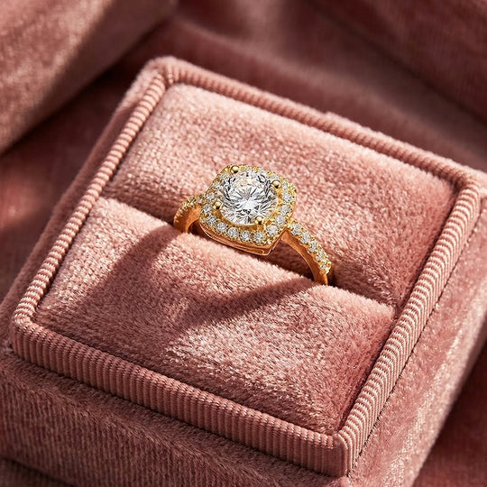 Cushion Halo Moissanite Gold Ring | 925 Sterling Silver | PRM7173