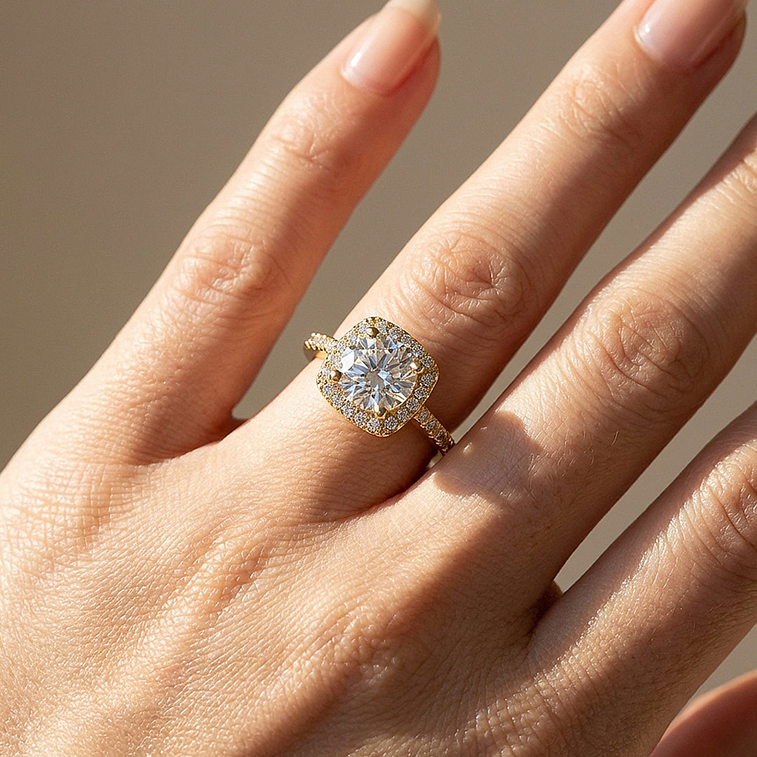 Cushion Halo Moissanite Gold Ring | 925 Sterling Silver | PRM7173