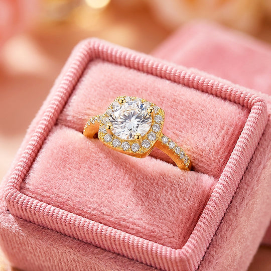 Cushion Halo Moissanite Gold Ring | 925 Sterling Silver | PRM7173