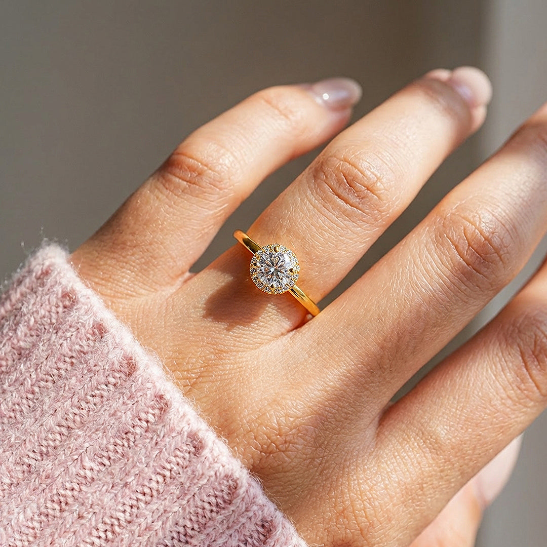 Round Halo Moissanite Solitaire Gold Ring | 925 Sterling Silver | PRM7180