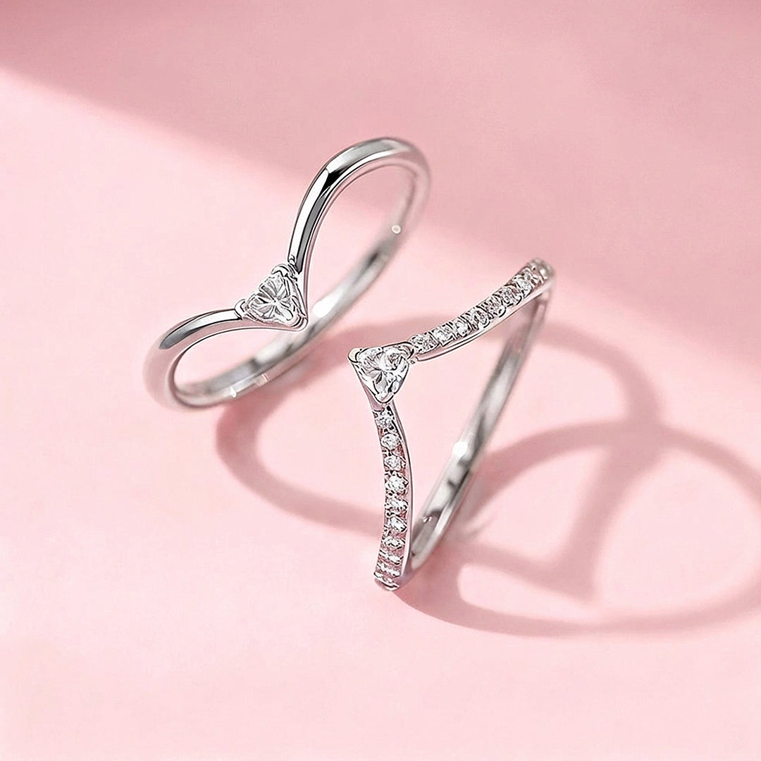 Heart Chevron Moissanite Ring Set | 925 Sterling Silver | PRM7188