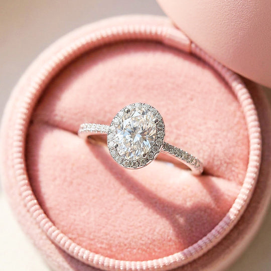 Oval Halo Moissanite Engagement Ring | 925 Sterling Silver | PRM7194