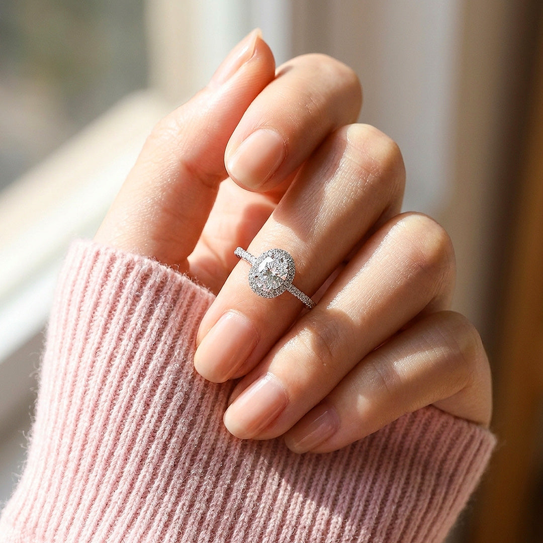 Oval Halo Moissanite Engagement Ring | 925 Sterling Silver | PRM7194