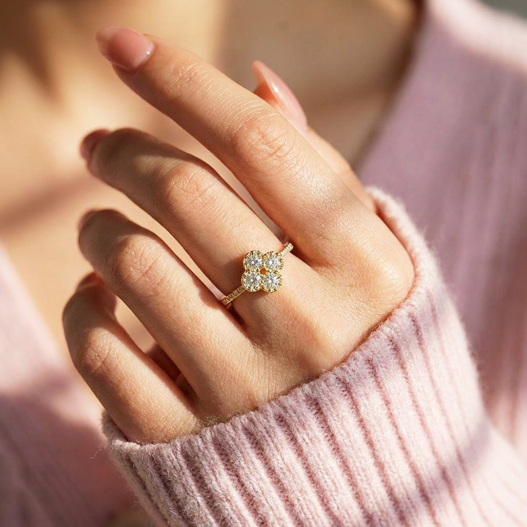 Four Leaf Clover Moissanite Gold Ring | 925 Sterling Silver | PRM7195