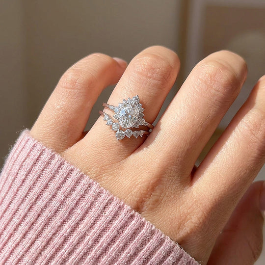 Pear-Halo Moissanite Engagement Ring Set of 2 | 925 Silver | PRM7200