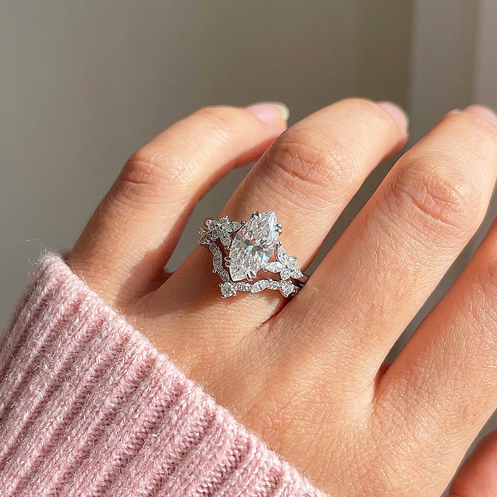 Marquise-Cut Moissanite Engagement Ring Set of 2 | 925 Silver | PRM7202