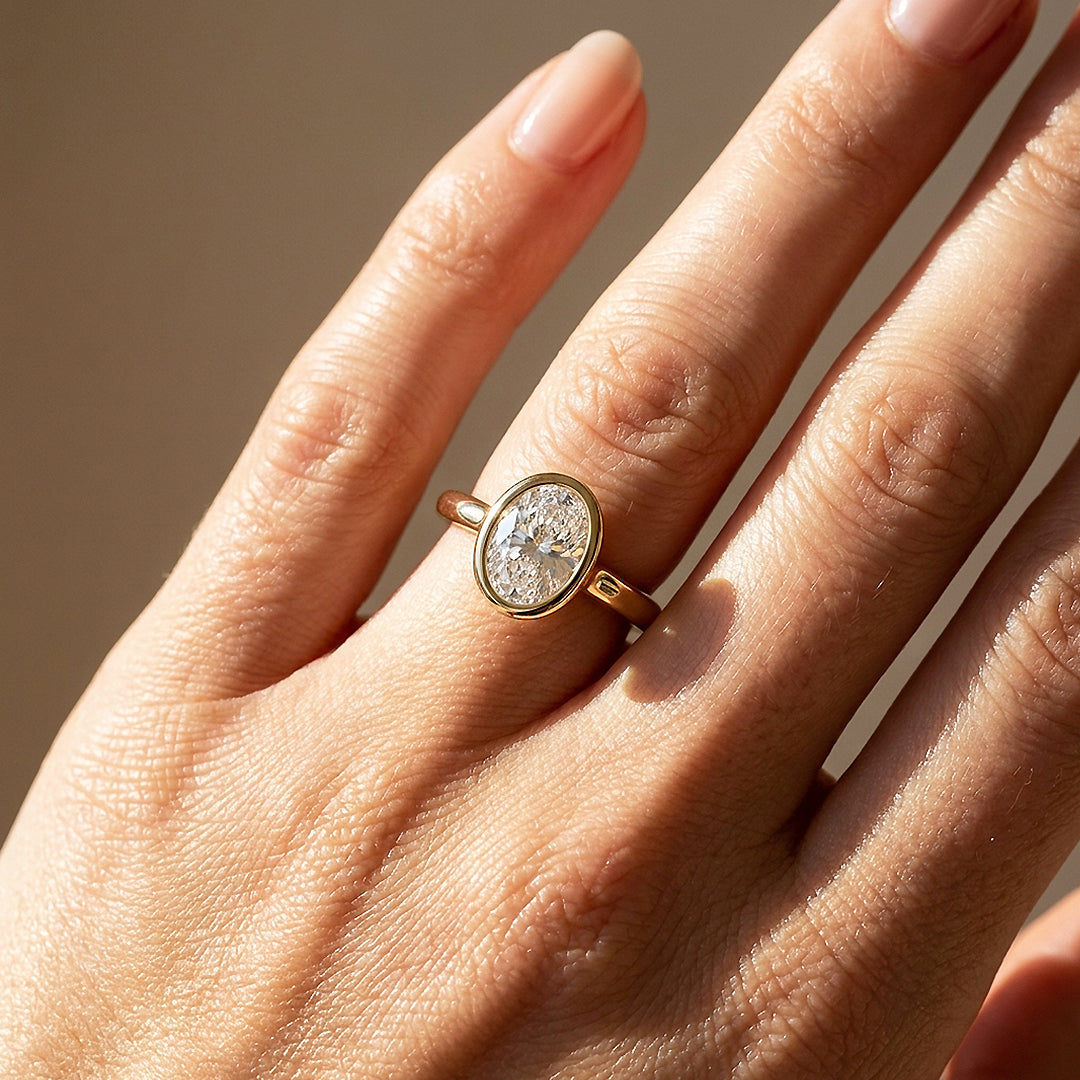 Oval Moissanite Bezel Solitaire Ring | 925 Sterling Silver | PRM7215
