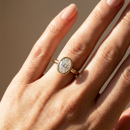 Oval Moissanite Bezel Solitaire Ring | 925 Sterling Silver | PRM7215