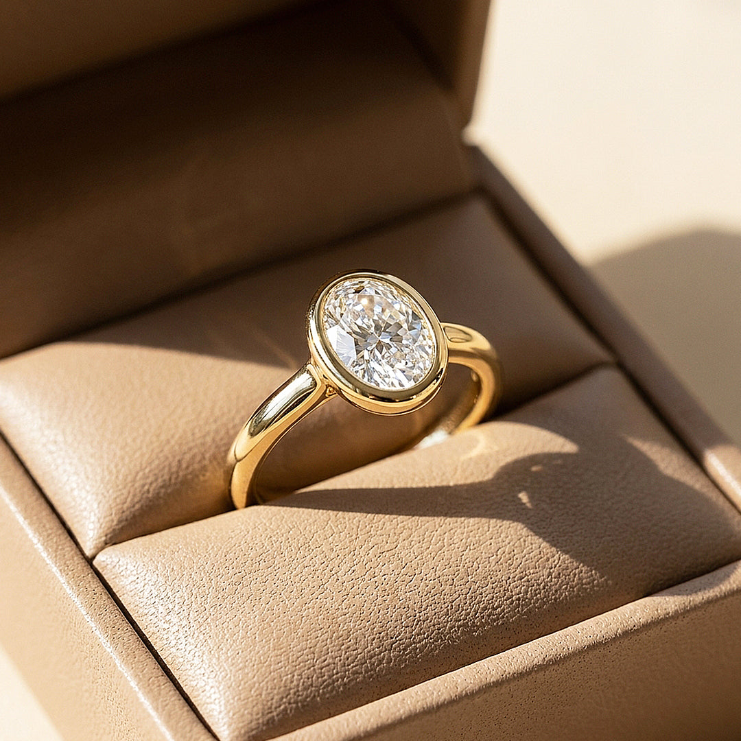 Oval Moissanite Bezel Solitaire Ring | 925 Sterling Silver | PRM7215