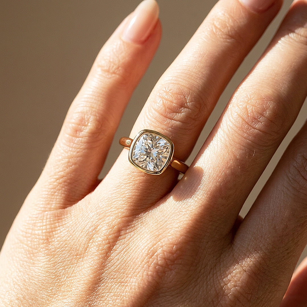 Cushion Moissanite Bezel Solitaire Ring | 925 Sterling Silver | PRM7216