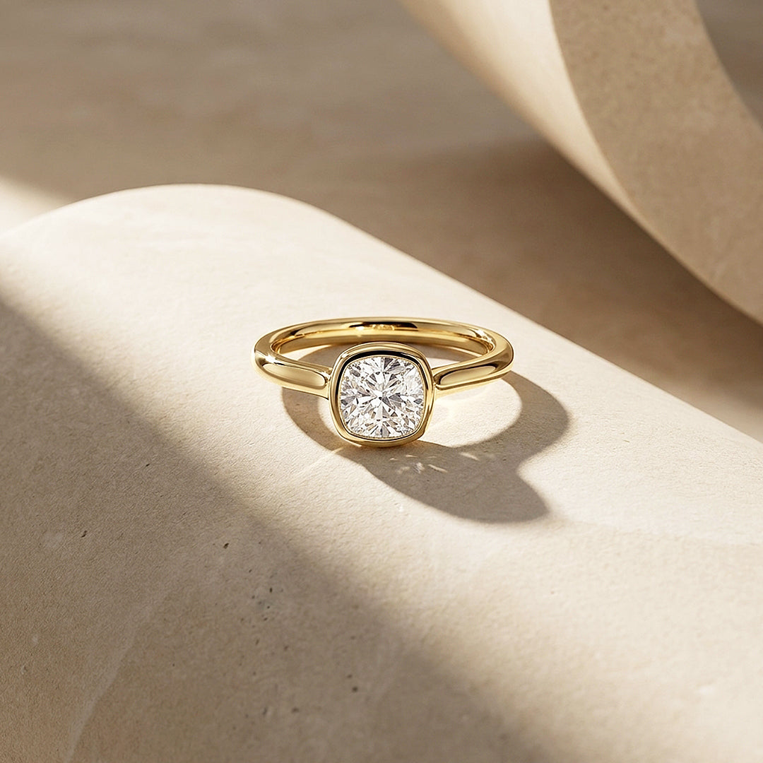 Cushion Moissanite Bezel Solitaire Ring | 925 Sterling Silver | PRM7216