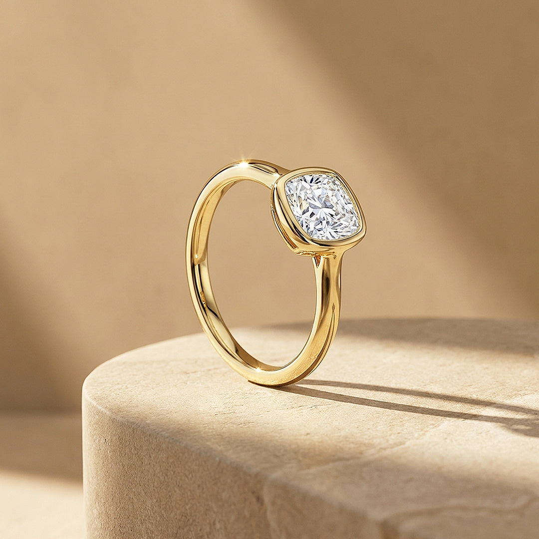 Cushion Moissanite Bezel Solitaire Ring | 925 Sterling Silver | PRM7216