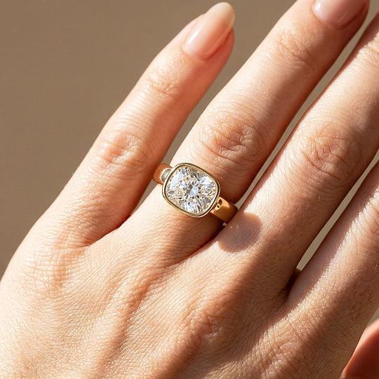 2 Carat Cushion Moissanite East-West Bezel Solitaire Ring | 925 Sterling Silver | PRM7229