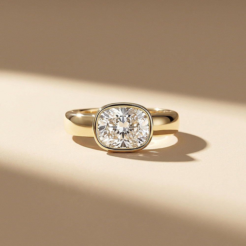 2 Carat Cushion Moissanite East-West Bezel Solitaire Ring | 925 Sterling Silver | PRM7229