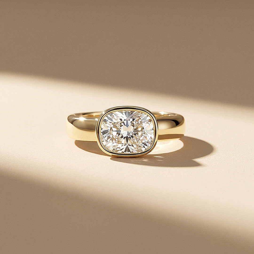 2 Carat Cushion Moissanite East-West Bezel Solitaire Ring | 925 Sterling Silver | PRM7229