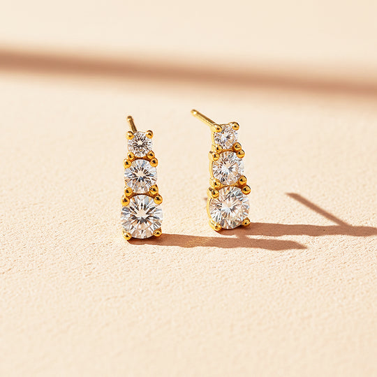 Graduated Triple Solitaire Stud Earrings | Moissanite | 14K Gold Plated 925 Sterling Silver | Prm8124 - Earrings | Singapore Jewellery, Wedding Rings &amp; Gifts | Same Day Delivery | Tiara.com.sg