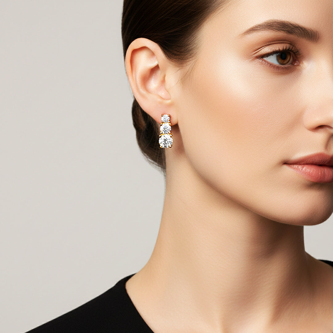 Graduated Triple Solitaire Stud Earrings | Moissanite | 14K Gold Plated 925 Sterling Silver | Prm8124 - Earrings | Singapore Jewellery, Wedding Rings &amp; Gifts | Same Day Delivery | Tiara.com.sg