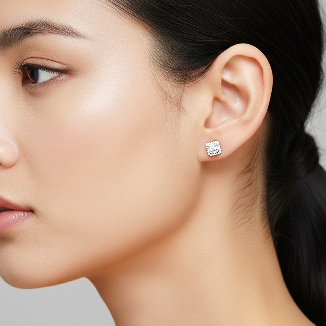 Square Halo Cluster Stud Earrings | Moissanite | 14K Gold Plated 925 Sterling Silver | Prm8125 - Earrings | Singapore Jewellery, Wedding Rings &amp; Gifts | Same Day Delivery | Tiara.com.sg