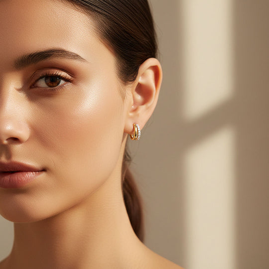 Double Row Pavé Huggie Earrings | Moissanite | 18K Gold Plated 925 Sterling Silver | Prm8129 - Earrings | Singapore Jewellery, Wedding Rings &amp; Gifts | Same Day Delivery | Tiara.com.sg