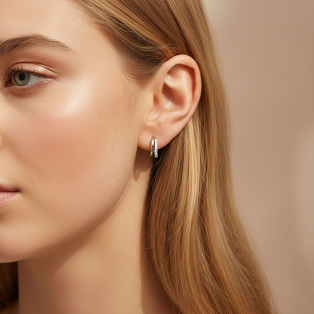Double Row Pavé Huggie Earrings | Moissanite | 18K Gold Plated 925 Sterling Silver | Prm8129 - Earrings | Singapore Jewellery, Wedding Rings &amp; Gifts | Same Day Delivery | Tiara.com.sg