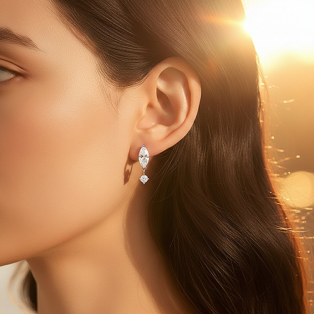 Marquise & Round Drop Earrings | Moissanite | 14K Gold Plated 925 Sterling Silver | Prm8131 - Earrings | Singapore Jewellery, Wedding Rings & Gifts | Same Day Delivery | Tiara.com.sg