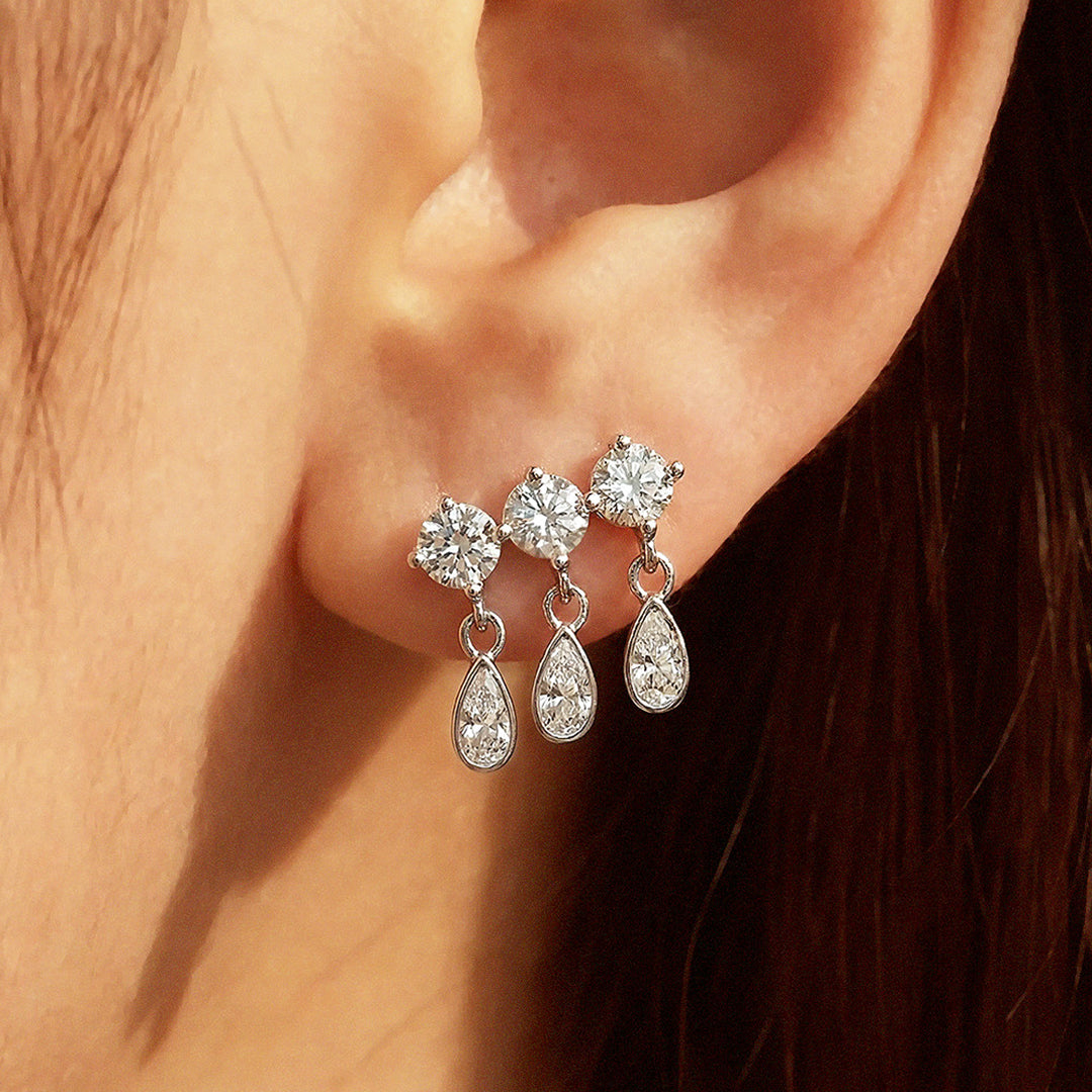 Triple Round & Teardrop Drop Earrings | Moissanite | 14K Gold Plated 925 Sterling Silver | Prm8133 - Earrings | Singapore Jewellery, Wedding Rings & Gifts | Same Day Delivery | Tiara.com.sg