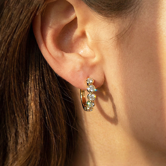 Bezel Set Eternity Huggie Earrings | Moissanite | 14K Gold Plated 925 Sterling Silver | Prm8135 - Earrings | Singapore Jewellery, Wedding Rings &amp; Gifts | Same Day Delivery | Tiara.com.sg