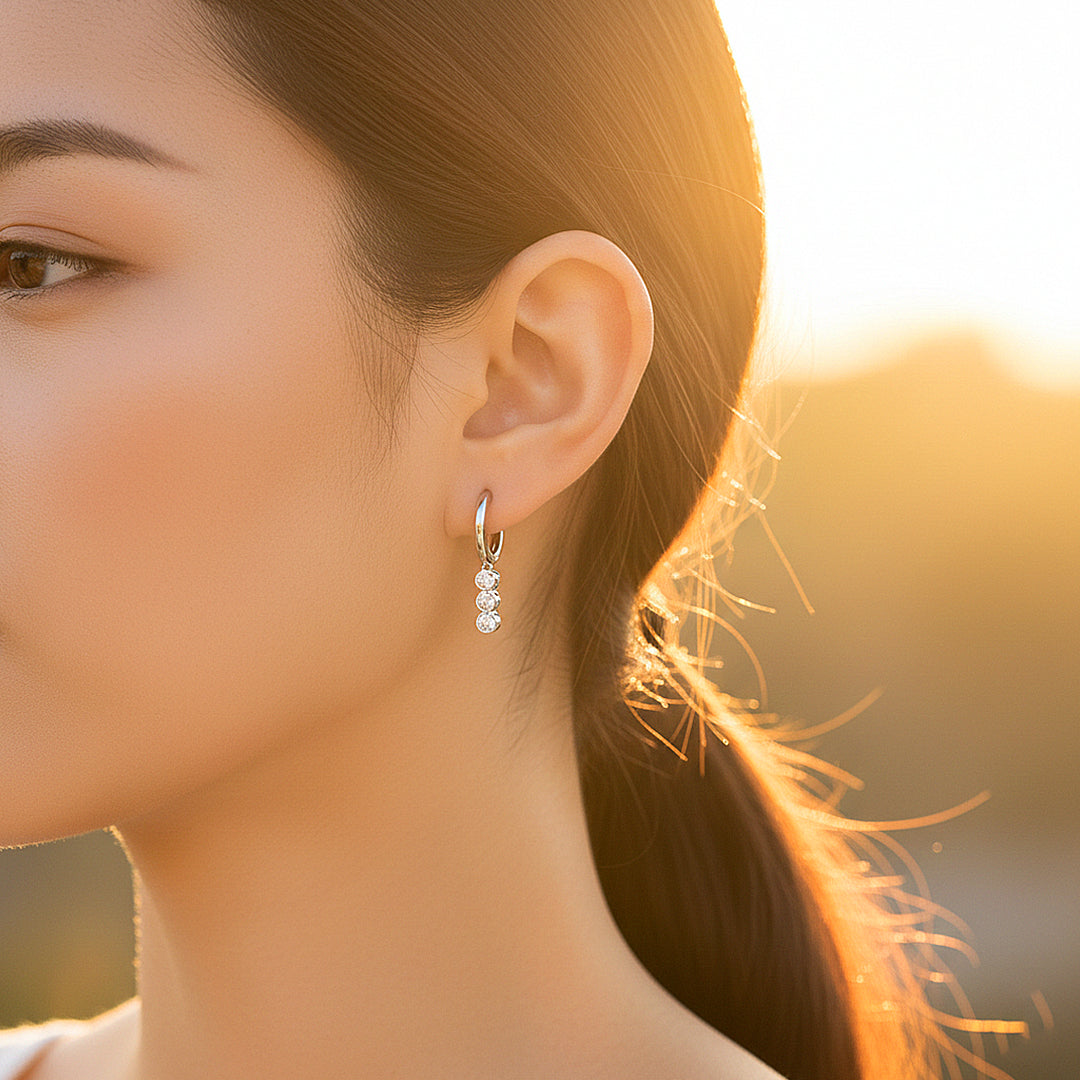 Triple Bezel Drop Huggie Earrings | Moissanite | 925 Sterling Silver | Prm8140 - Earrings | Singapore Jewellery, Wedding Rings & Gifts | Same Day Delivery | Tiara.com.sg