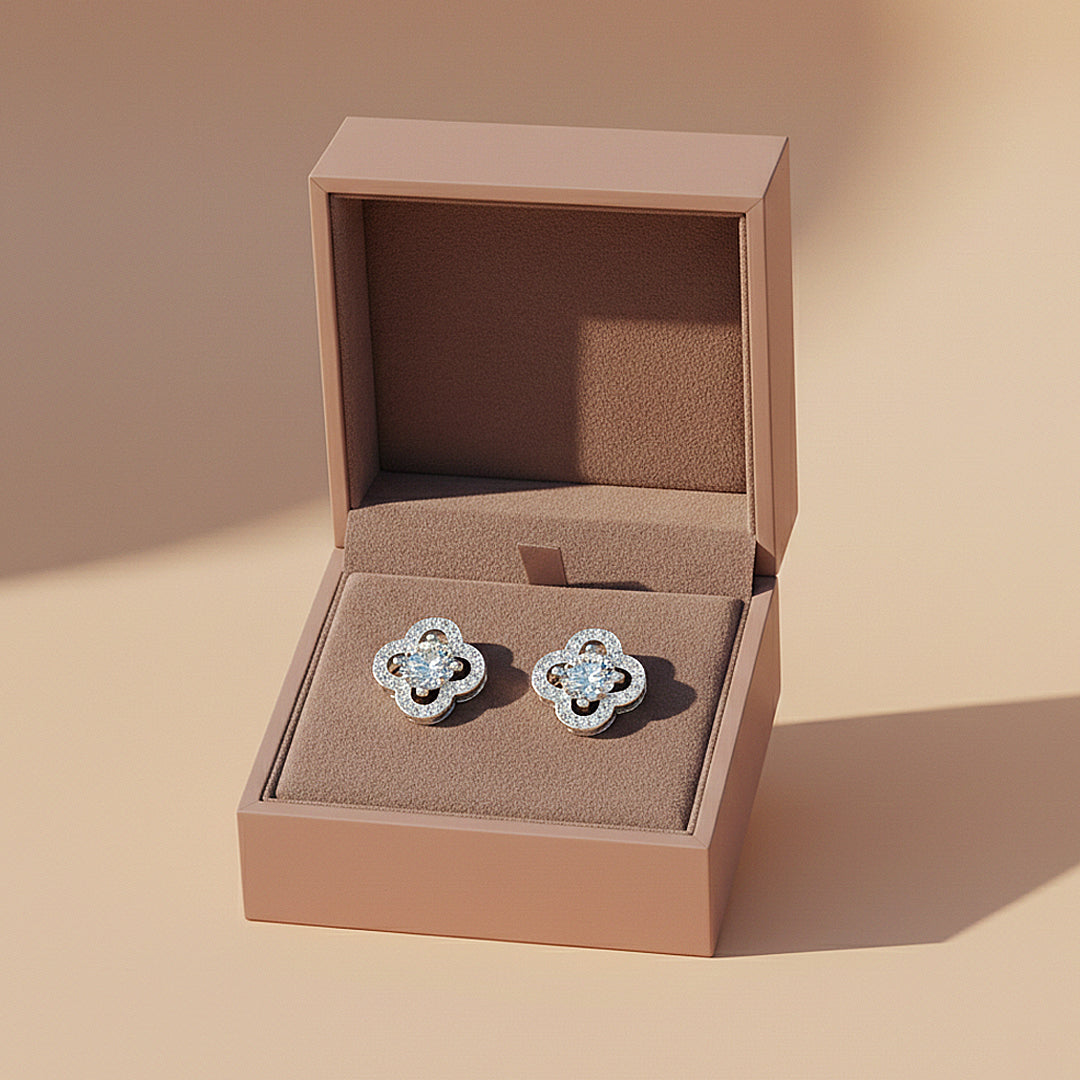 Clover Halo Stud Earrings | Moissanite | 925 Sterling Silver | Prm8141 - Earrings | Singapore Jewellery, Wedding Rings &amp; Gifts | Same Day Delivery | Tiara.com.sg