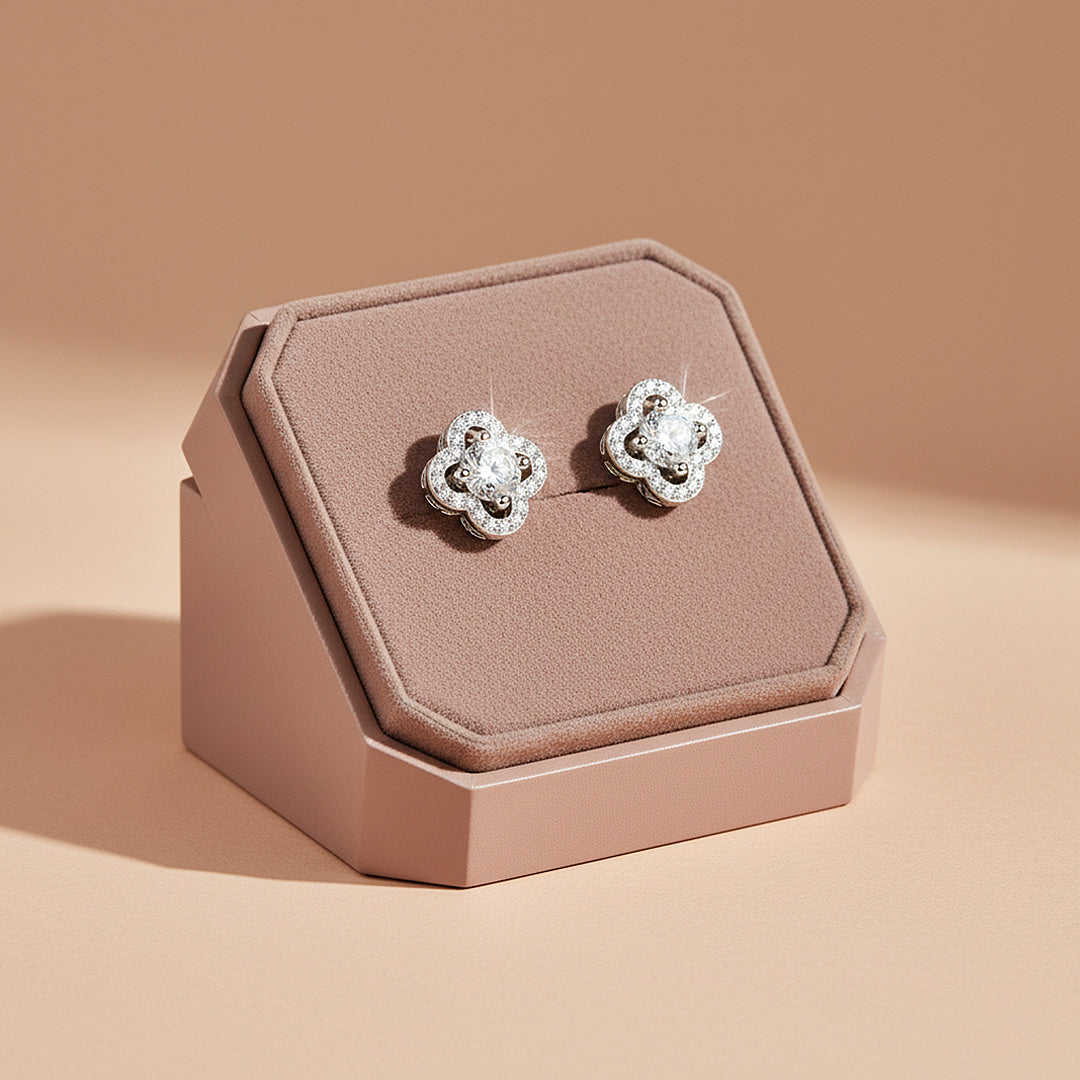 Clover Halo Stud Earrings | Moissanite | 925 Sterling Silver | Prm8141 - Earrings | Singapore Jewellery, Wedding Rings &amp; Gifts | Same Day Delivery | Tiara.com.sg
