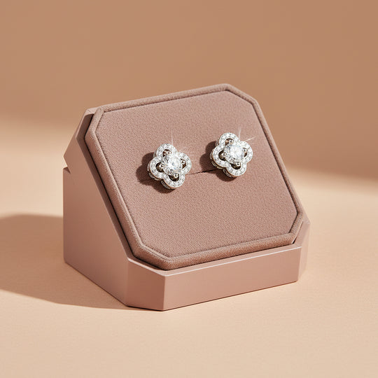 Clover Halo Stud Earrings | Moissanite | 925 Sterling Silver | Prm8141 - Earrings | Singapore Jewellery, Wedding Rings &amp; Gifts | Same Day Delivery | Tiara.com.sg