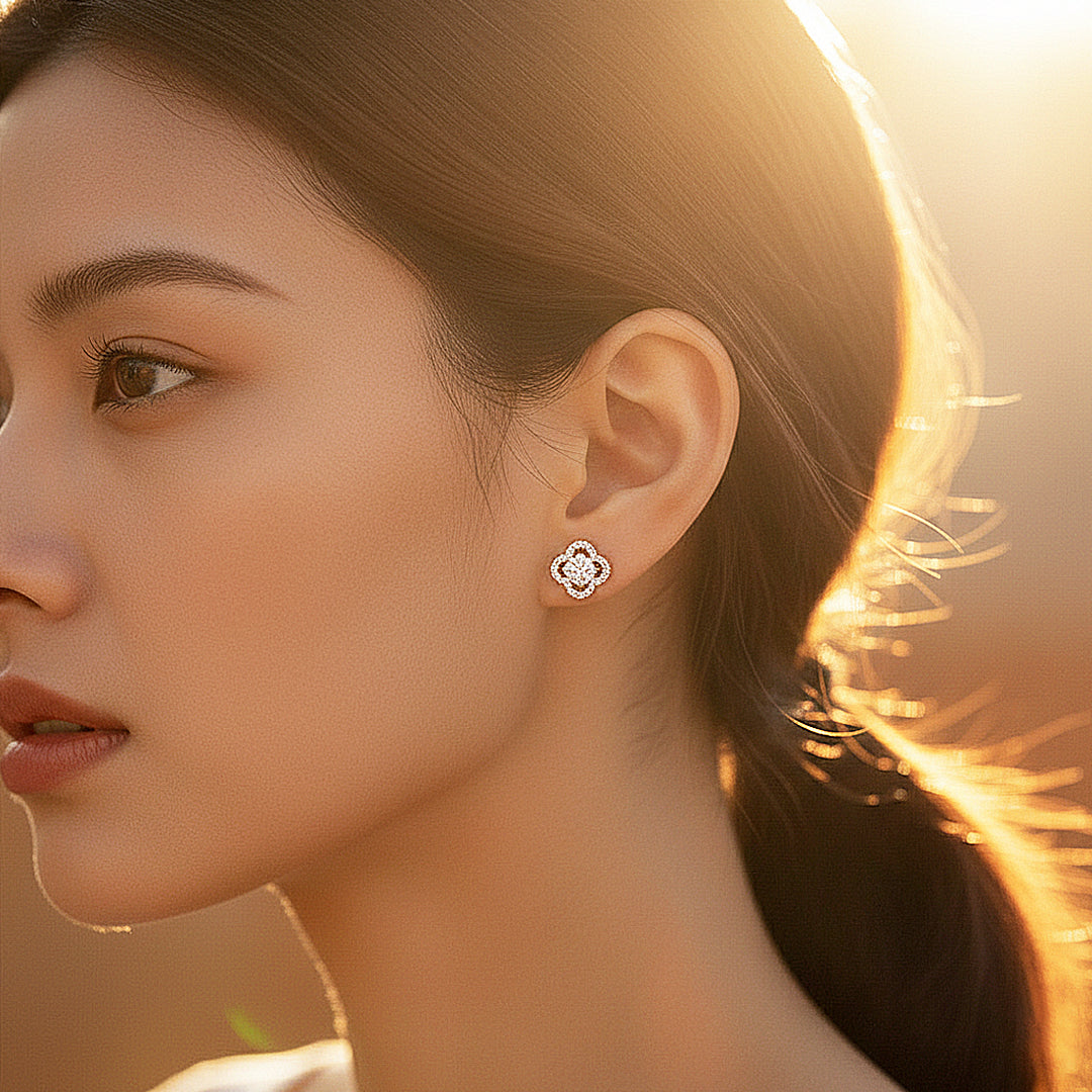 Clover Halo Stud Earrings | Moissanite | 925 Sterling Silver | Prm8141 - Earrings | Singapore Jewellery, Wedding Rings &amp; Gifts | Same Day Delivery | Tiara.com.sg