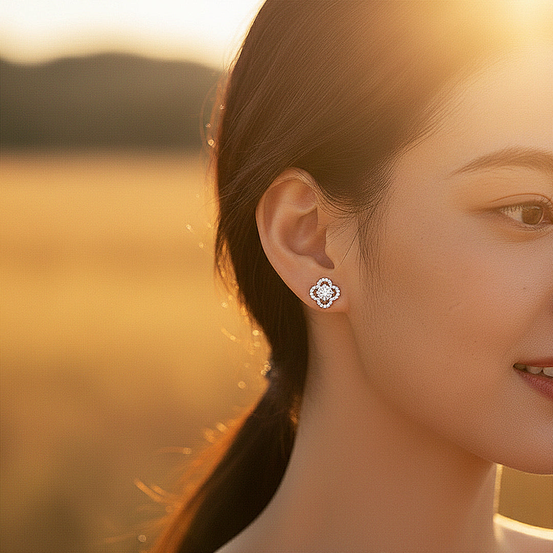 Clover Halo Stud Earrings | Moissanite | 925 Sterling Silver | Prm8141 - Earrings | Singapore Jewellery, Wedding Rings &amp; Gifts | Same Day Delivery | Tiara.com.sg