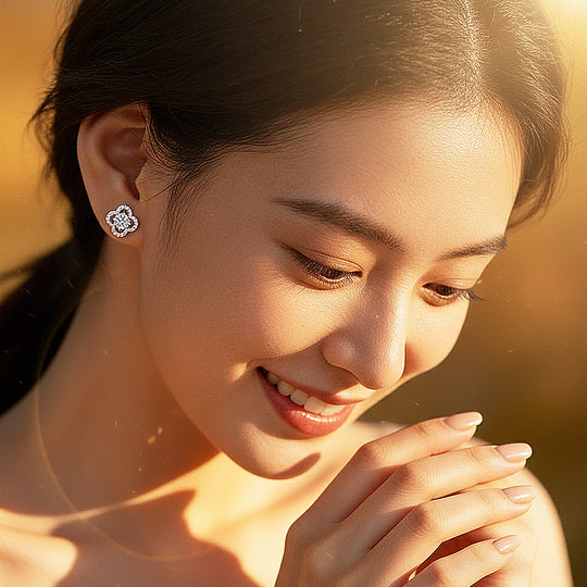 Clover Halo Stud Earrings | Moissanite | 925 Sterling Silver | Prm8141 - Earrings | Singapore Jewellery, Wedding Rings &amp; Gifts | Same Day Delivery | Tiara.com.sg