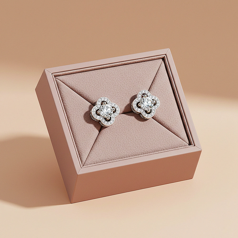 Clover Halo Stud Earrings | Moissanite | 925 Sterling Silver | Prm8141 - Earrings | Singapore Jewellery, Wedding Rings & Gifts | Same Day Delivery | Tiara.com.sg