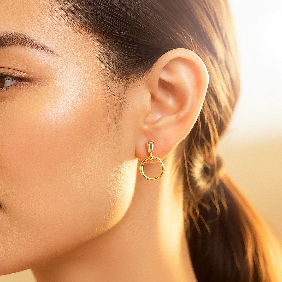 Baguette &amp; Hoop Drop Earrings | Diamond Simulant | 14K Gold Plated 925 Sterling Silver | Prm8142 - Earrings | Singapore Jewellery, Wedding Rings &amp; Gifts | Same Day Delivery | Tiara.com.sg