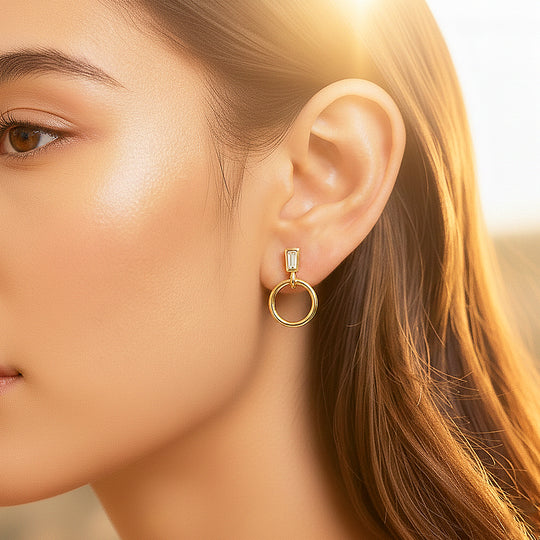 Baguette &amp; Hoop Drop Earrings | Diamond Simulant | 14K Gold Plated 925 Sterling Silver | Prm8142 - Earrings | Singapore Jewellery, Wedding Rings &amp; Gifts | Same Day Delivery | Tiara.com.sg