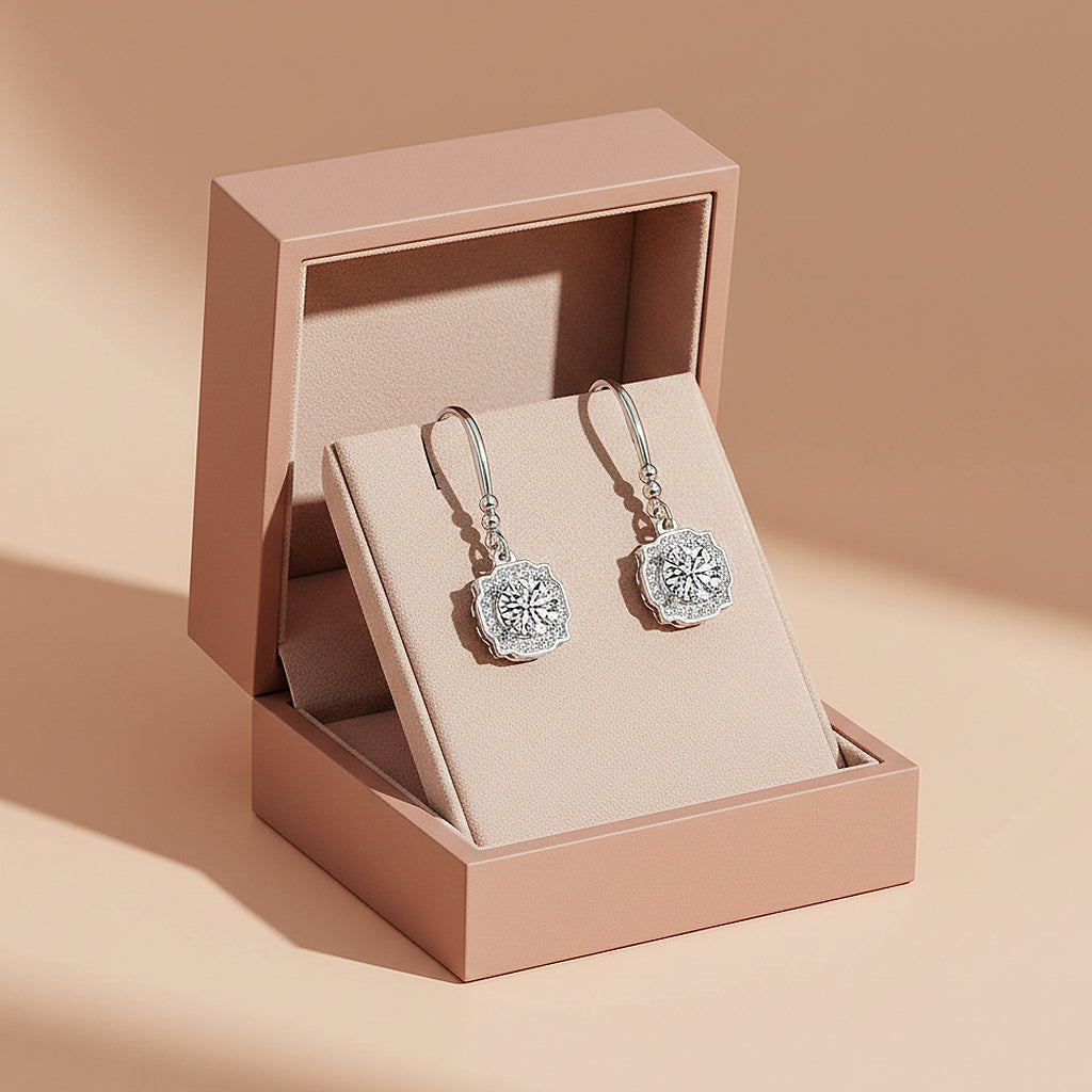 Octagonal Halo Drop Earrings | Moissanite | 925 Sterling Silver | Prm8143 - Earrings | Singapore Jewellery, Wedding Rings &amp; Gifts | Same Day Delivery | Tiara.com.sg