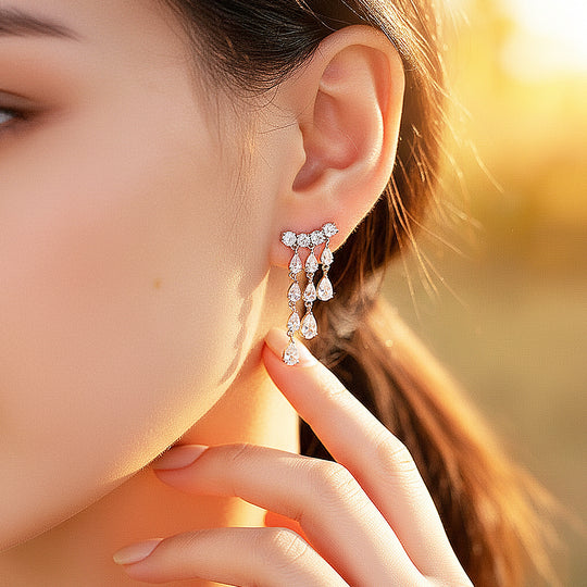 Tiered Chandelier Drop Earrings | Moissanite | 925 Sterling Silver | Prm8145 - Earrings | Singapore Jewellery, Wedding Rings &amp; Gifts | Same Day Delivery | Tiara.com.sg