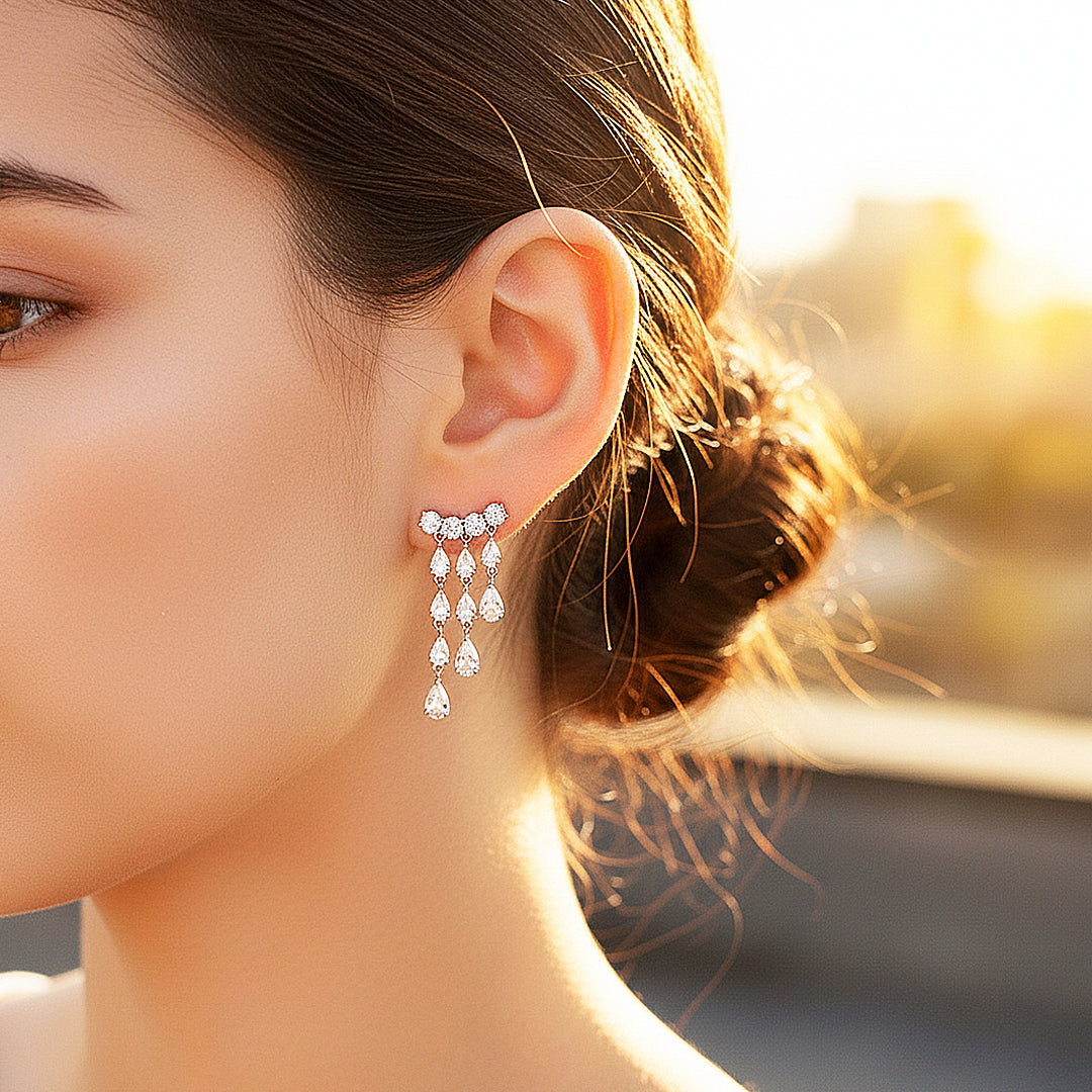 Tiered Chandelier Drop Earrings | Moissanite | 925 Sterling Silver | Prm8145 - Earrings | Singapore Jewellery, Wedding Rings &amp; Gifts | Same Day Delivery | Tiara.com.sg