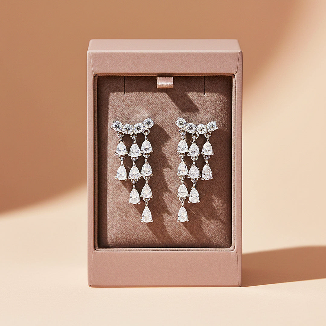Tiered Chandelier Drop Earrings | Moissanite | 925 Sterling Silver | Prm8145 - Earrings | Singapore Jewellery, Wedding Rings &amp; Gifts | Same Day Delivery | Tiara.com.sg
