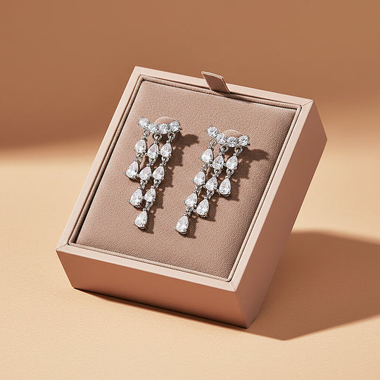 Tiered Chandelier Drop Earrings | Moissanite | 925 Sterling Silver | Prm8145 - Earrings | Singapore Jewellery, Wedding Rings &amp; Gifts | Same Day Delivery | Tiara.com.sg