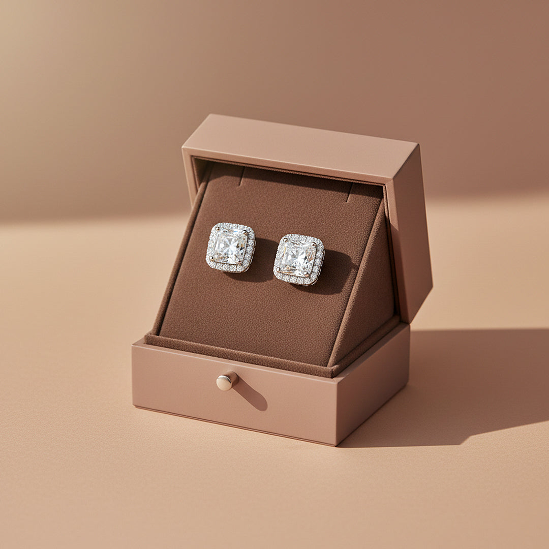 Radiant Cushion Halo Stud Earrings | Diamond Simulant | 925 Sterling Silver | Prm8146 - Earrings | Singapore Jewellery, Wedding Rings &amp; Gifts | Same Day Delivery | Tiara.com.sg