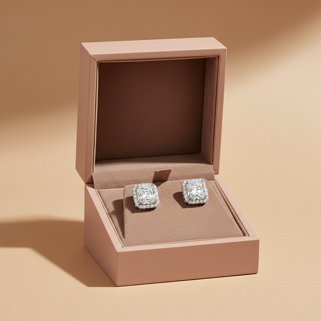 Radiant Cushion Halo Stud Earrings | Diamond Simulant | 925 Sterling Silver | Prm8146 - Earrings | Singapore Jewellery, Wedding Rings &amp; Gifts | Same Day Delivery | Tiara.com.sg