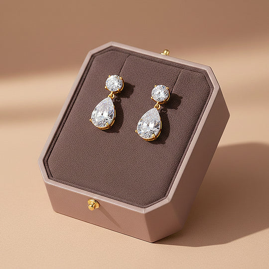 Teardrop Solitaire Drop Earrings | Moissanite | 14K Gold Plated 925 Sterling Silver | Prm8148 - Earrings | Singapore Jewellery, Wedding Rings &amp; Gifts | Same Day Delivery | Tiara.com.sg