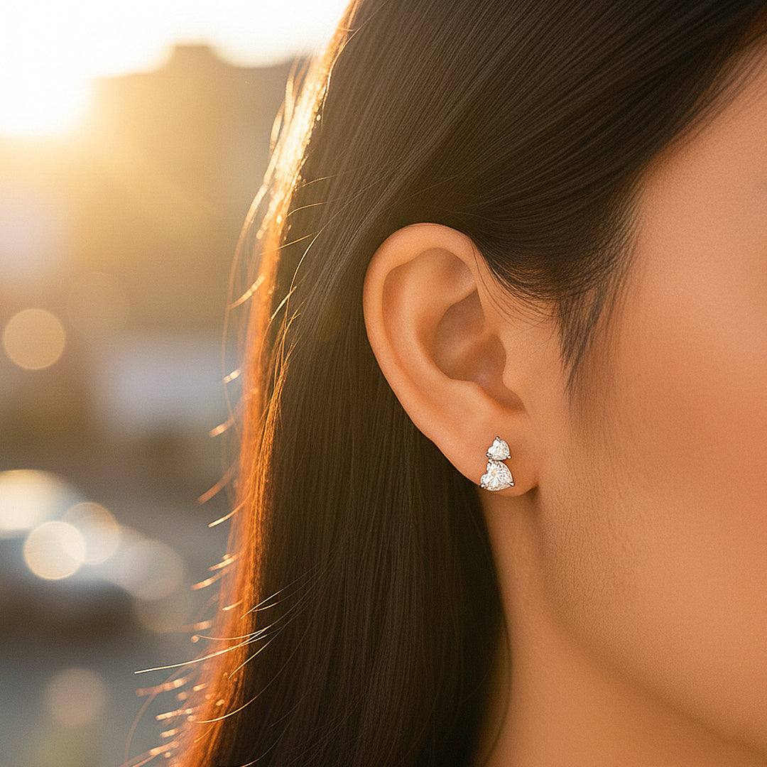 Double Heart Cluster Stud Earrings | Moissanite | 925 Sterling Silver | Prm8153 - Earrings | Singapore Jewellery, Wedding Rings & Gifts | Same Day Delivery | Tiara.com.sg