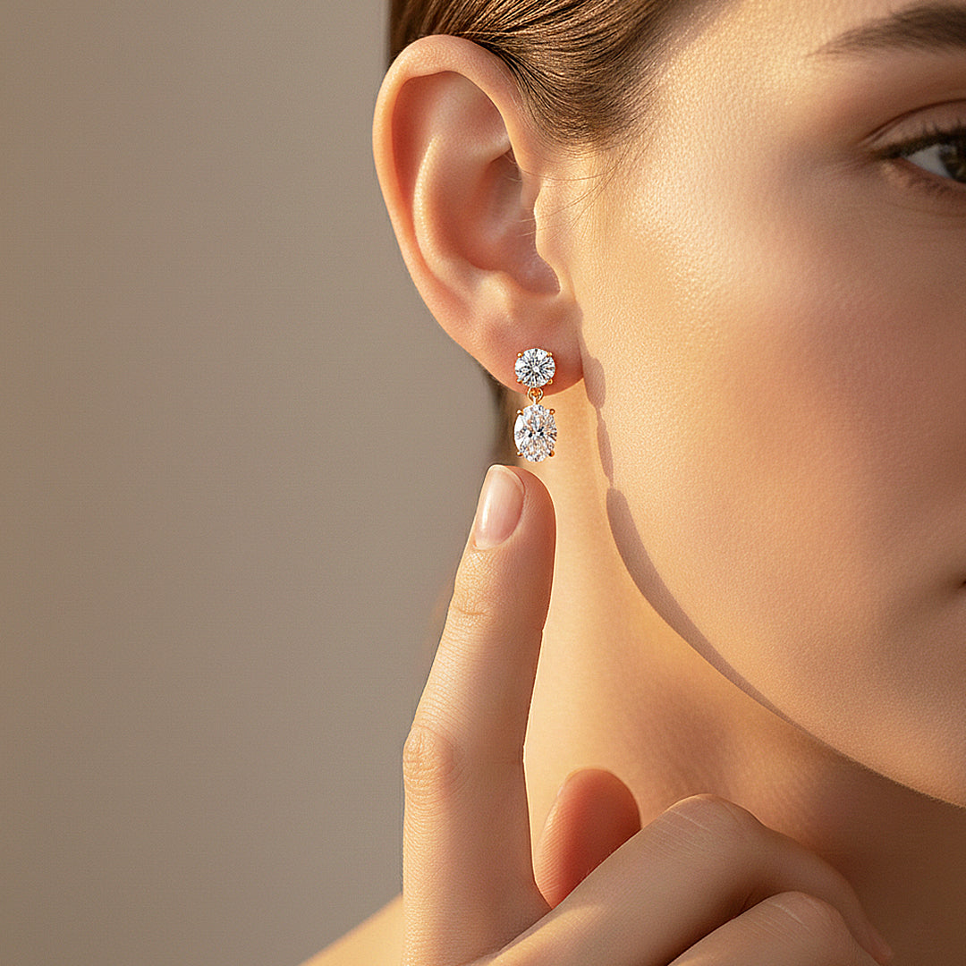 Double Drop Earrings | Moissanite | 14K Gold Plated 925 Sterling Silver | Prm8159 - Earrings | Singapore Jewellery, Wedding Rings & Gifts | Same Day Delivery | Tiara.com.sg