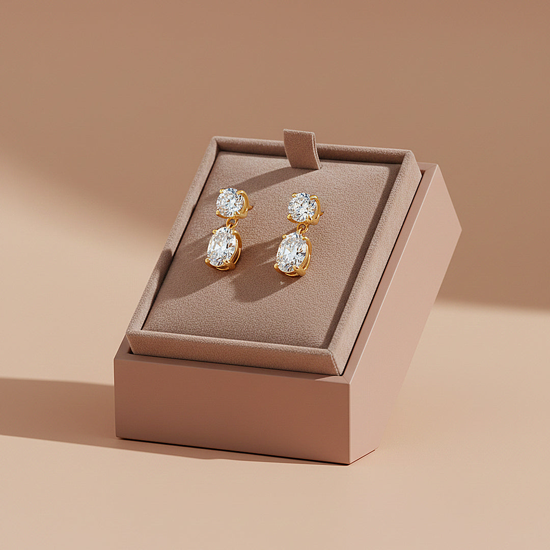 Double Drop Earrings | Moissanite | 14K Gold Plated 925 Sterling Silver | Prm8159 - Earrings | Singapore Jewellery, Wedding Rings &amp; Gifts | Same Day Delivery | Tiara.com.sg
