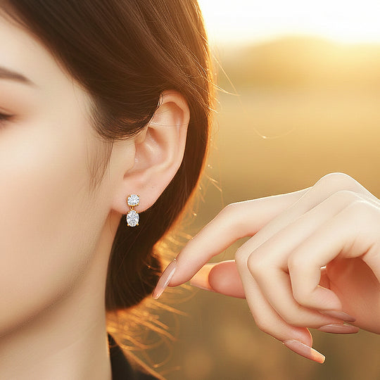 Double Drop Earrings | Moissanite | 14K Gold Plated 925 Sterling Silver | Prm8159 - Earrings | Singapore Jewellery, Wedding Rings &amp; Gifts | Same Day Delivery | Tiara.com.sg